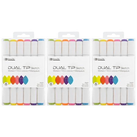 Bazic Products Dual Tip Sketch Markers, 6 Fluorescent Colors, 18PK 1230